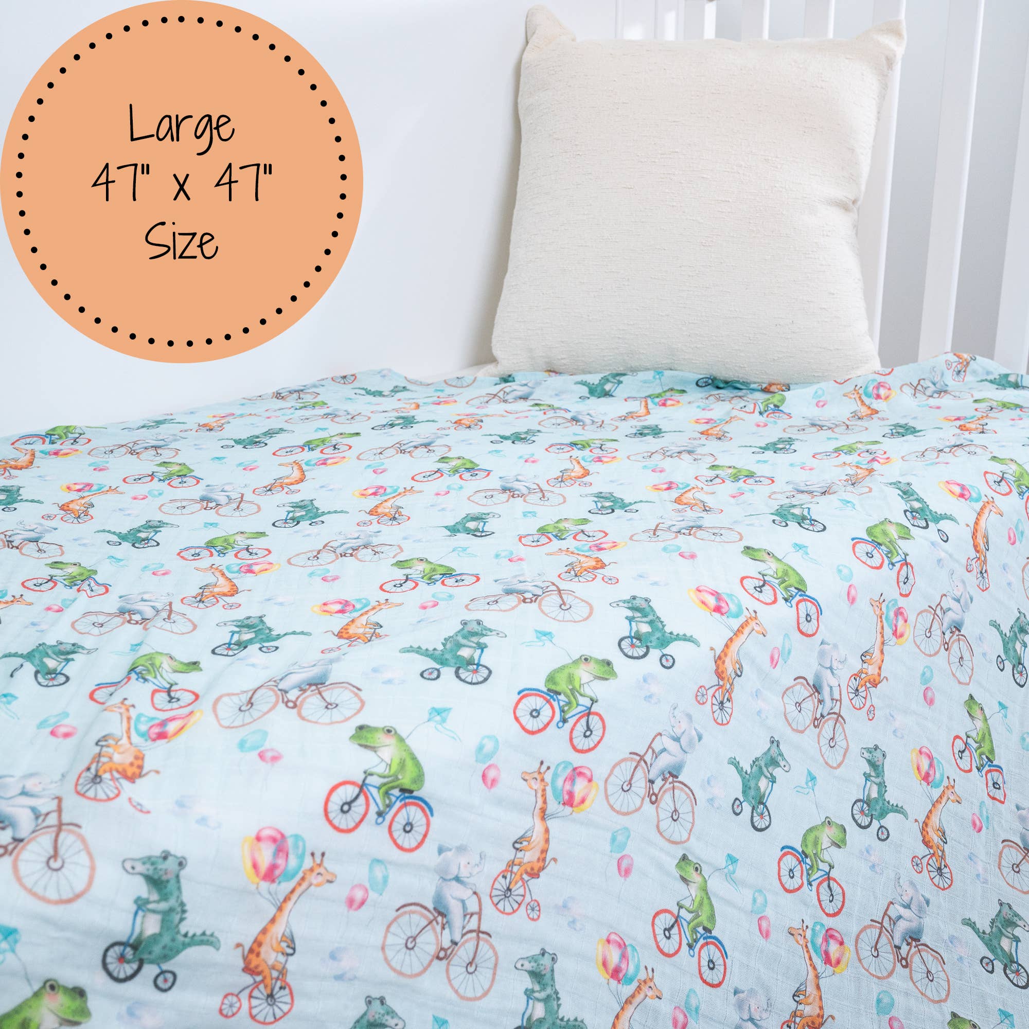 Animals on Bike Muslin Swaddle Blanket