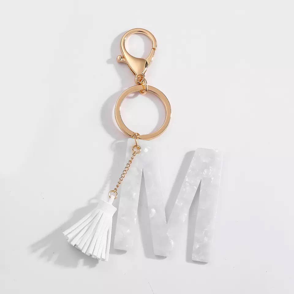 Tasseled White Initial Key Chain
