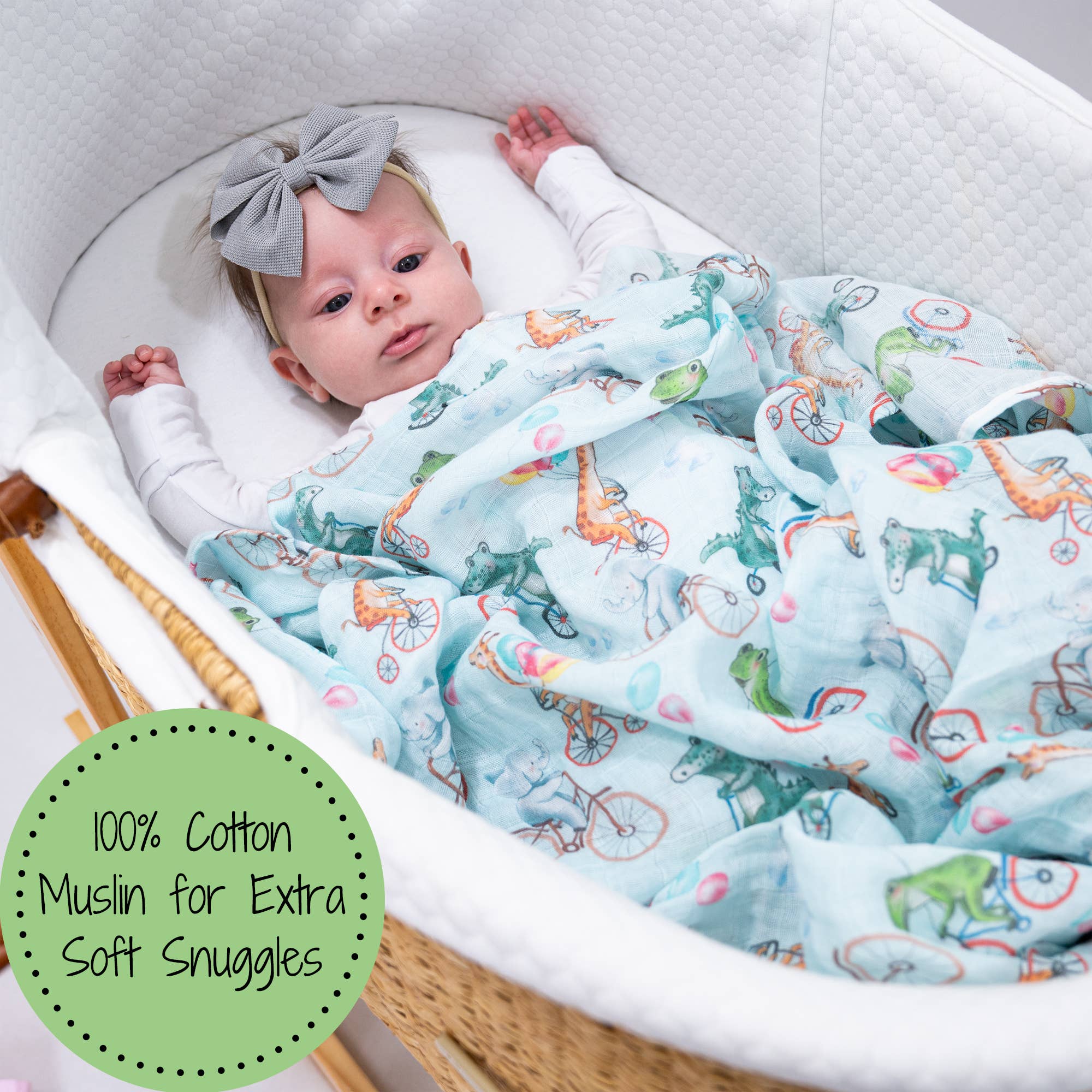 Animals on Bike Muslin Swaddle Blanket