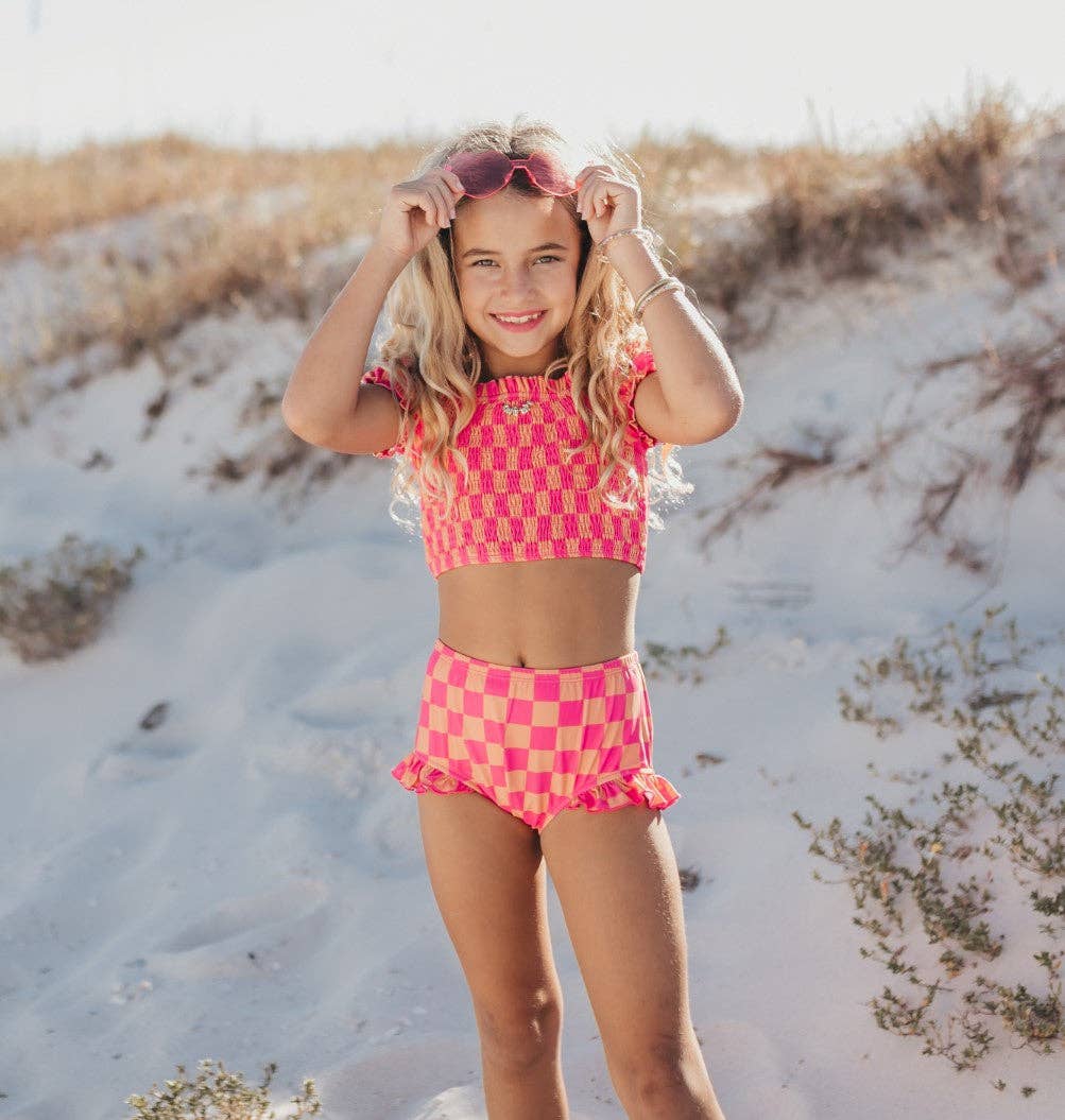 Hot Pink & Tangerine Check 2-Piece Swimsuit