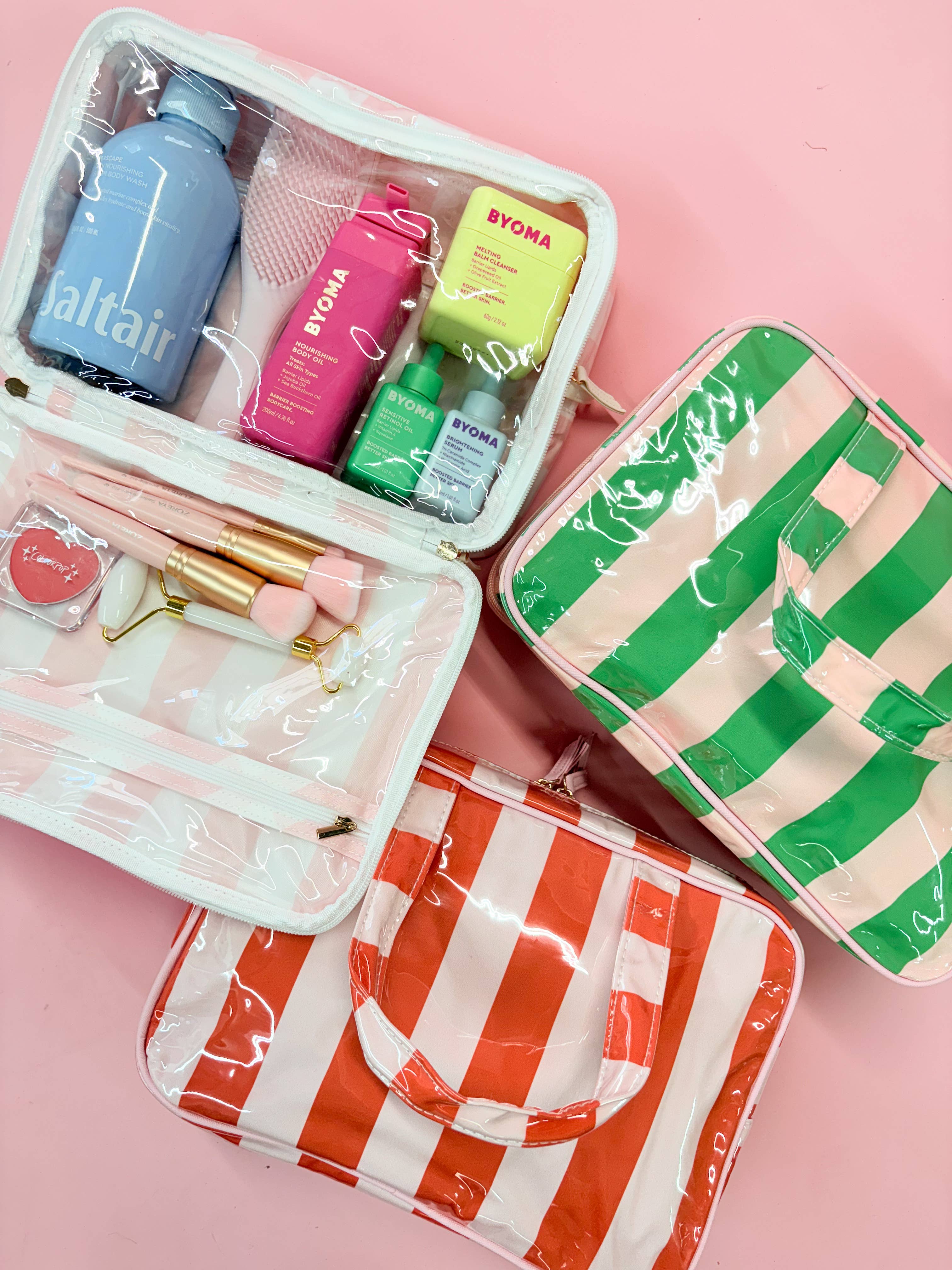 Pink & Green Stripe Wipeable Travel Cosmetic Case