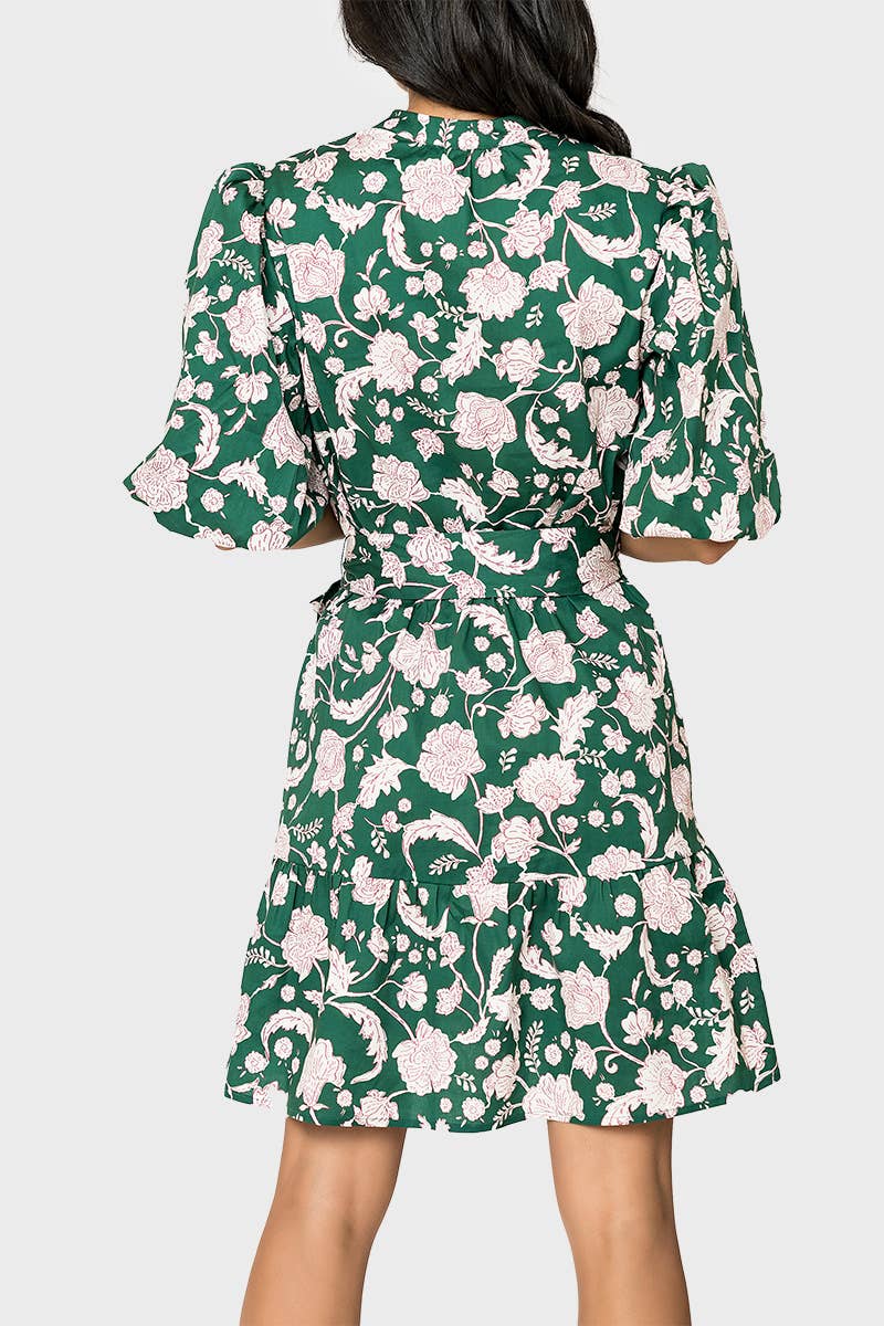 Green Bubble Sleeve Belted Dress