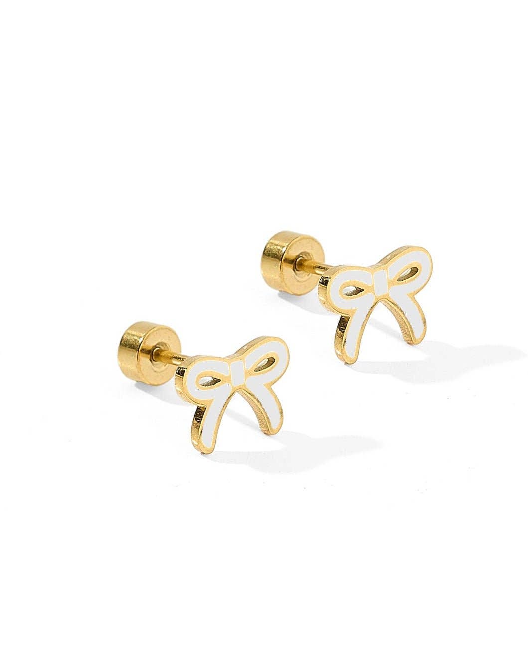 White Sadie Bow Screwback Stud Earrings