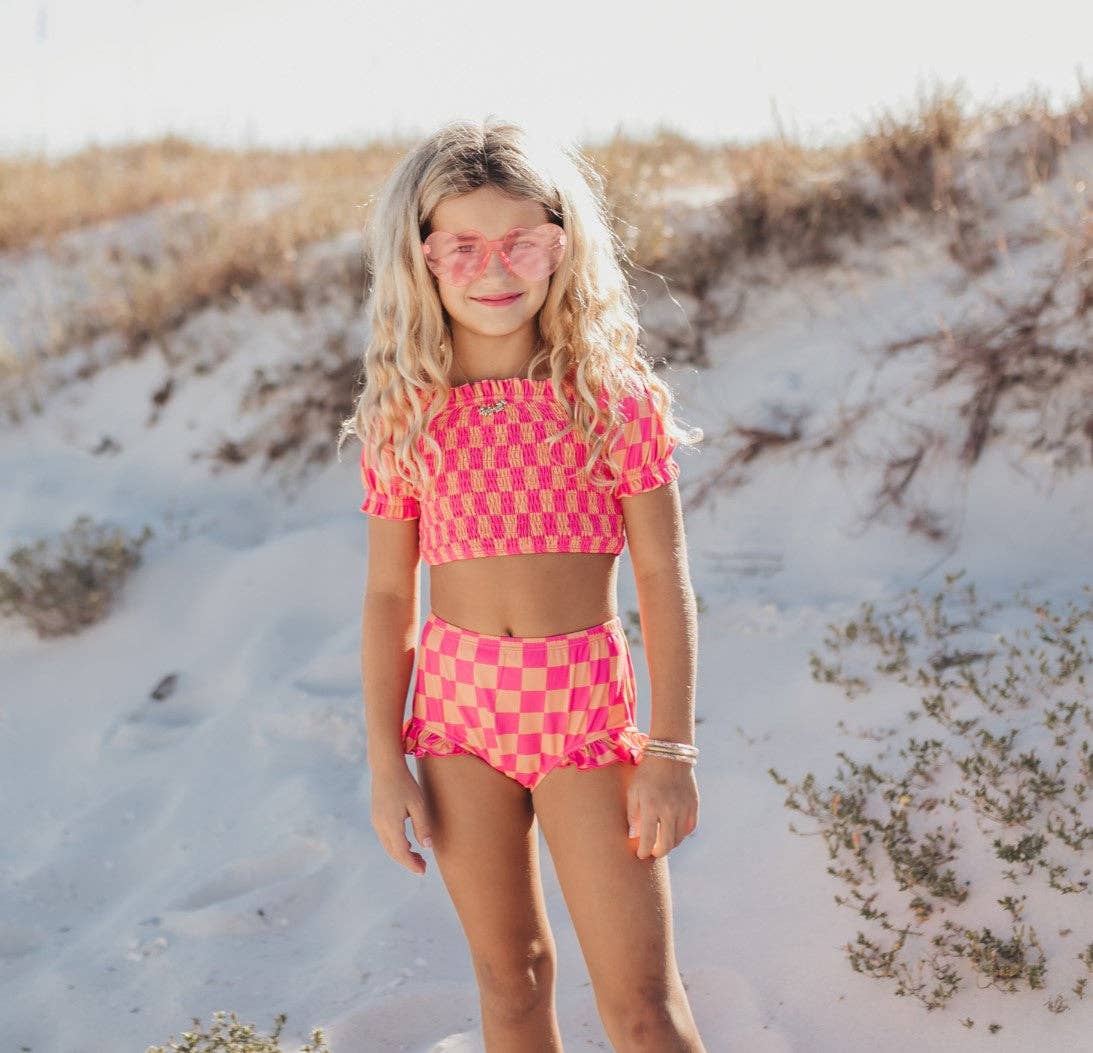Hot Pink & Tangerine Check 2-Piece Swimsuit