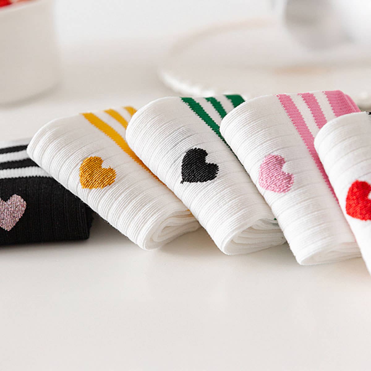 Pink Heart College Style Striped Crew Socks