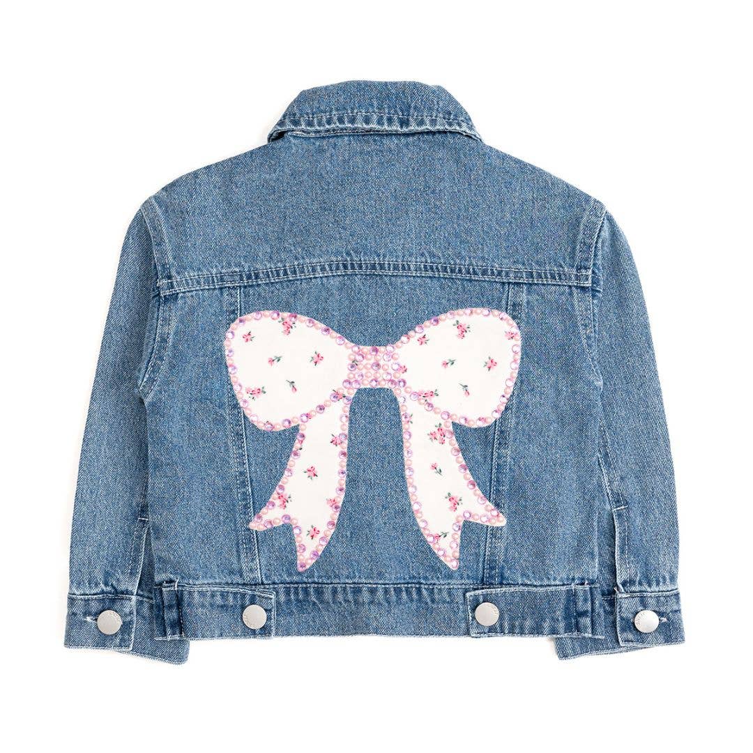 Pearl + Gemstone Floral Bow Patch Denim Jacket