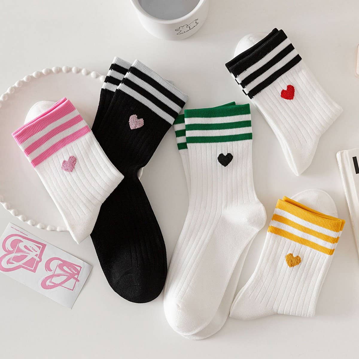 Pink Heart College Style Striped Crew Socks