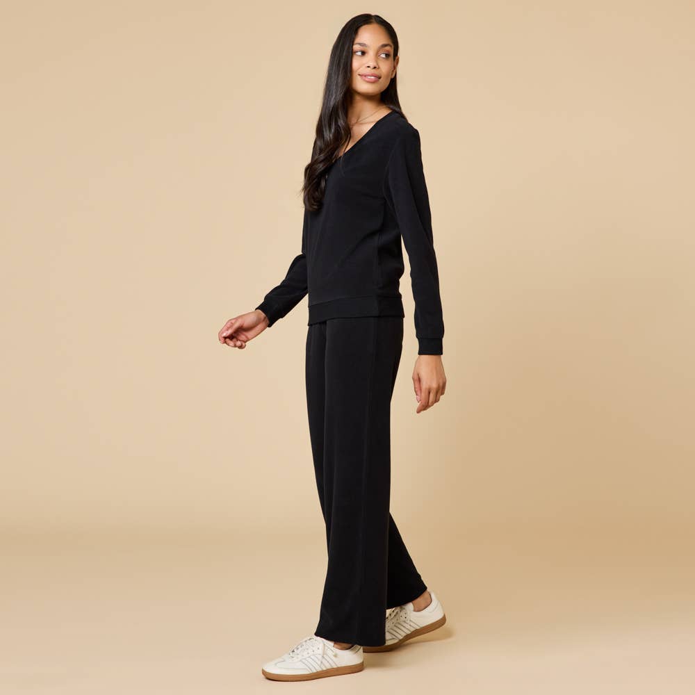 Black Vintage Velvet V-Neck with Wide Leg Pant