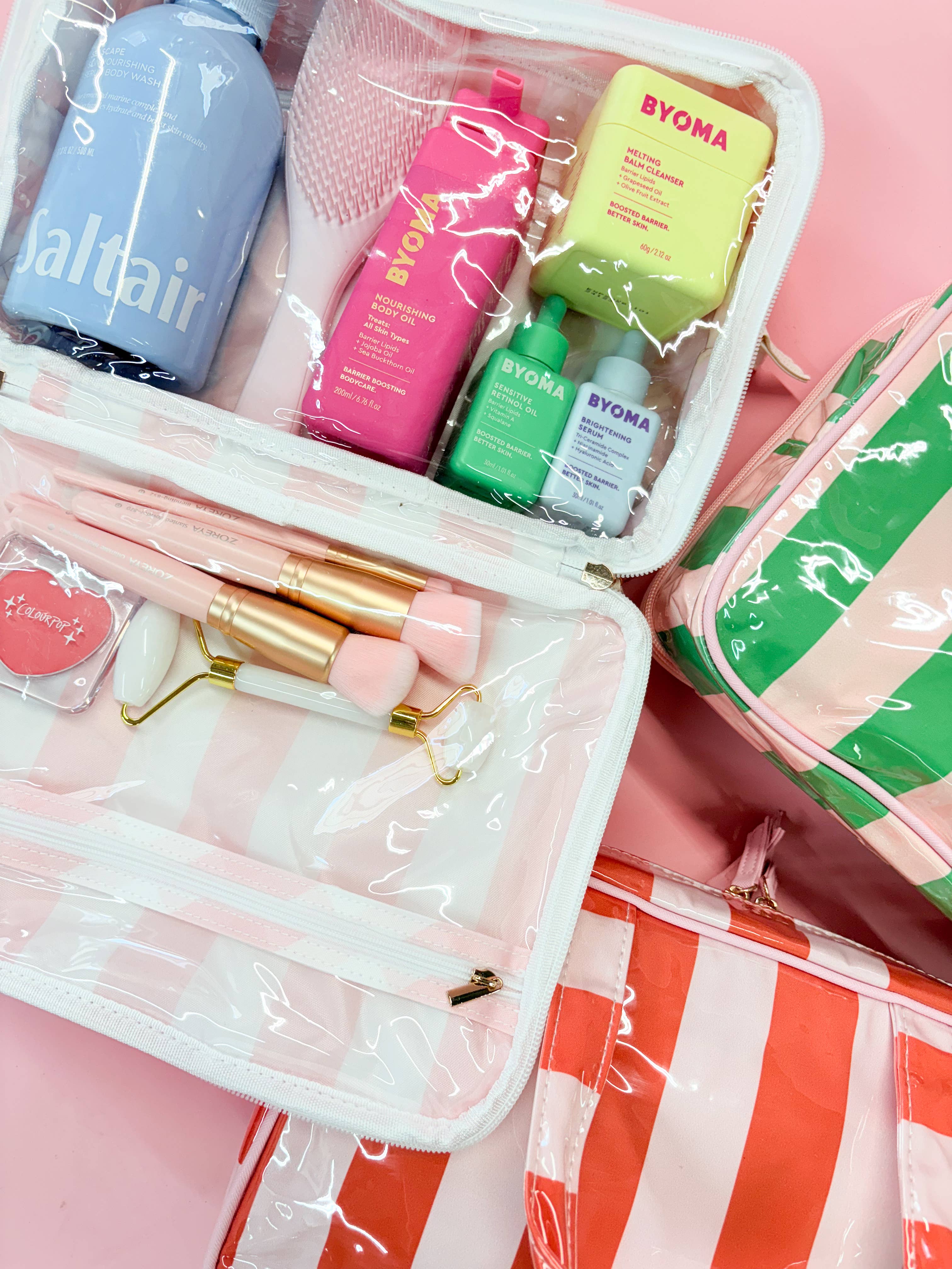 Pink & Green Stripe Wipeable Travel Cosmetic Case