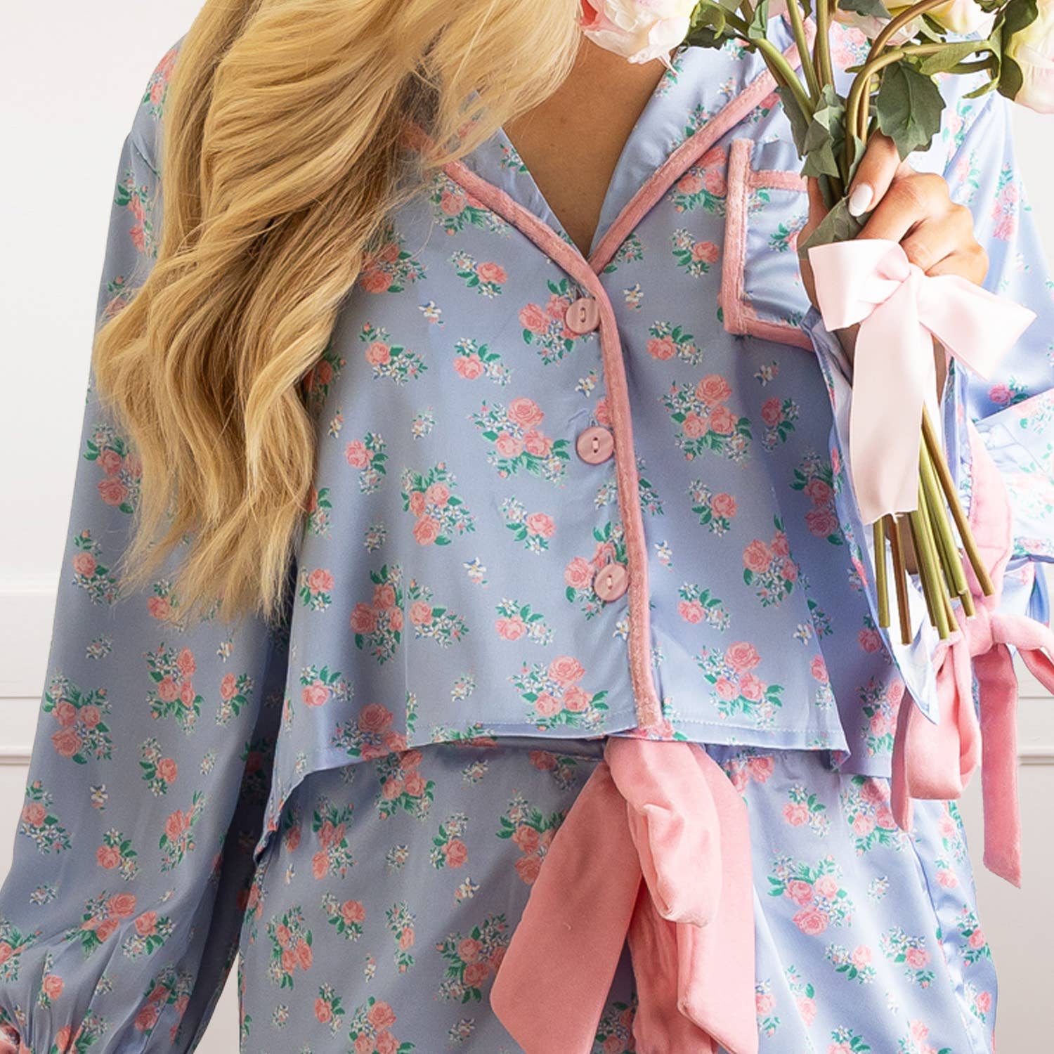 Cottage Floral Periwinkle Satin Ruffle PJ Short Set