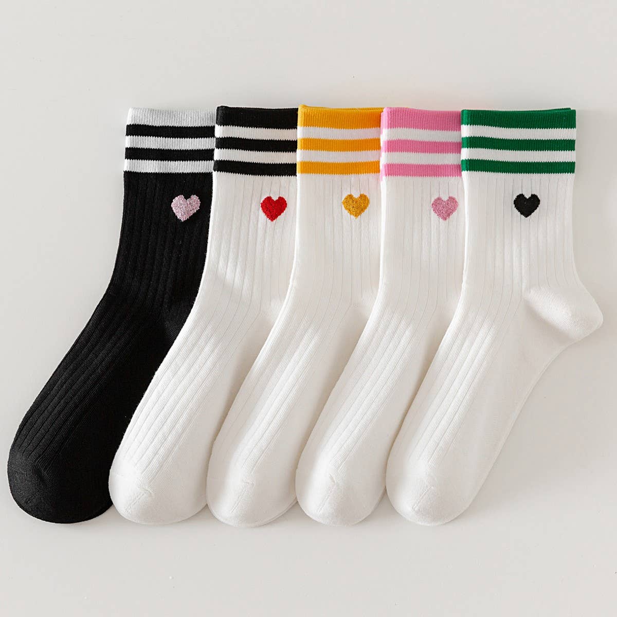 Pink Heart College Style Striped Crew Socks