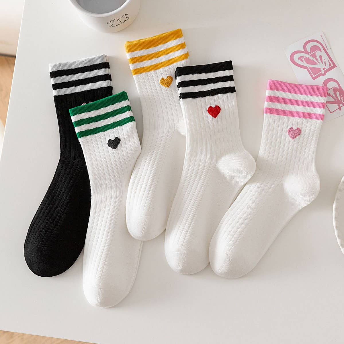 Pink Heart College Style Striped Crew Socks