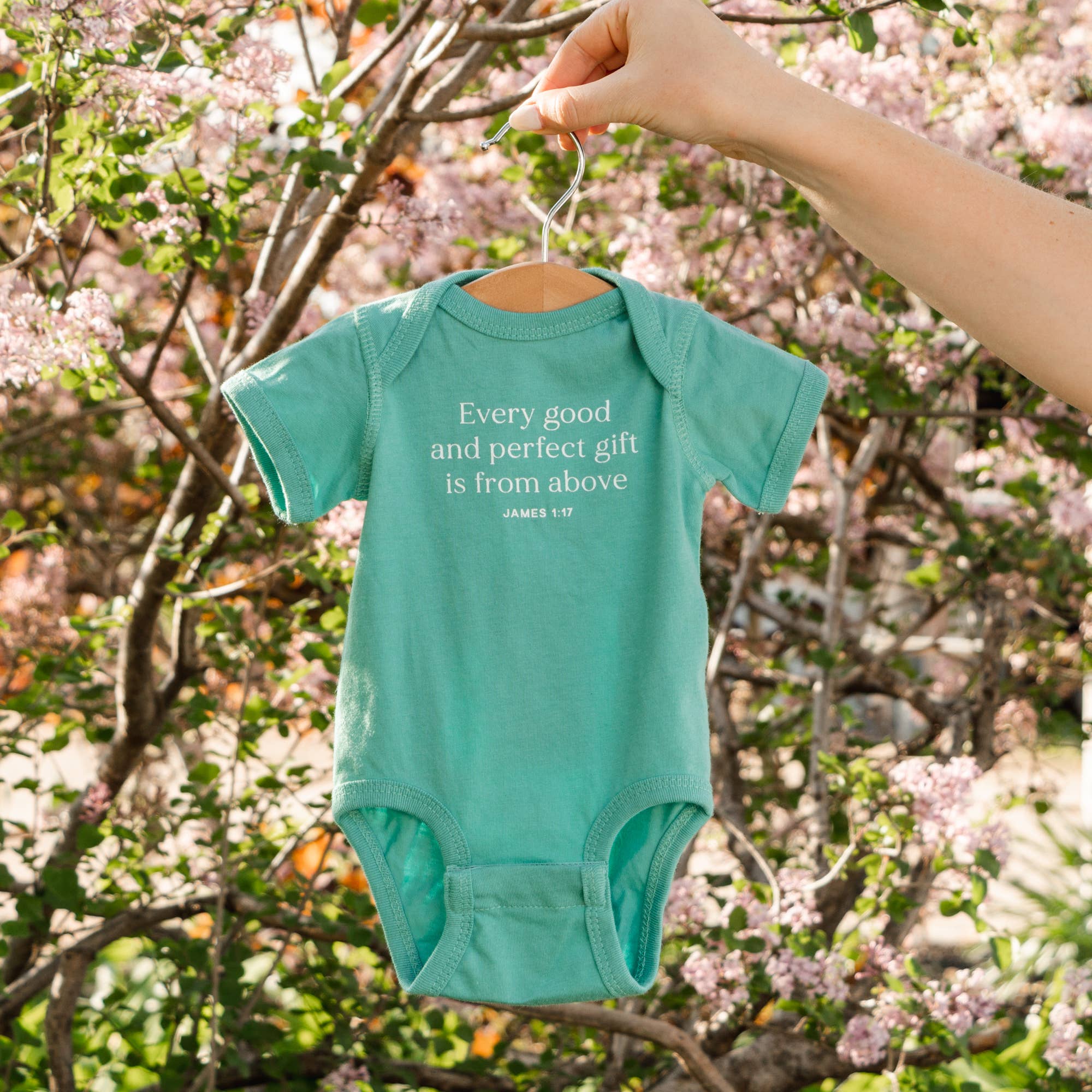 'Every Good and Perfect Gift' Teal Babysuit