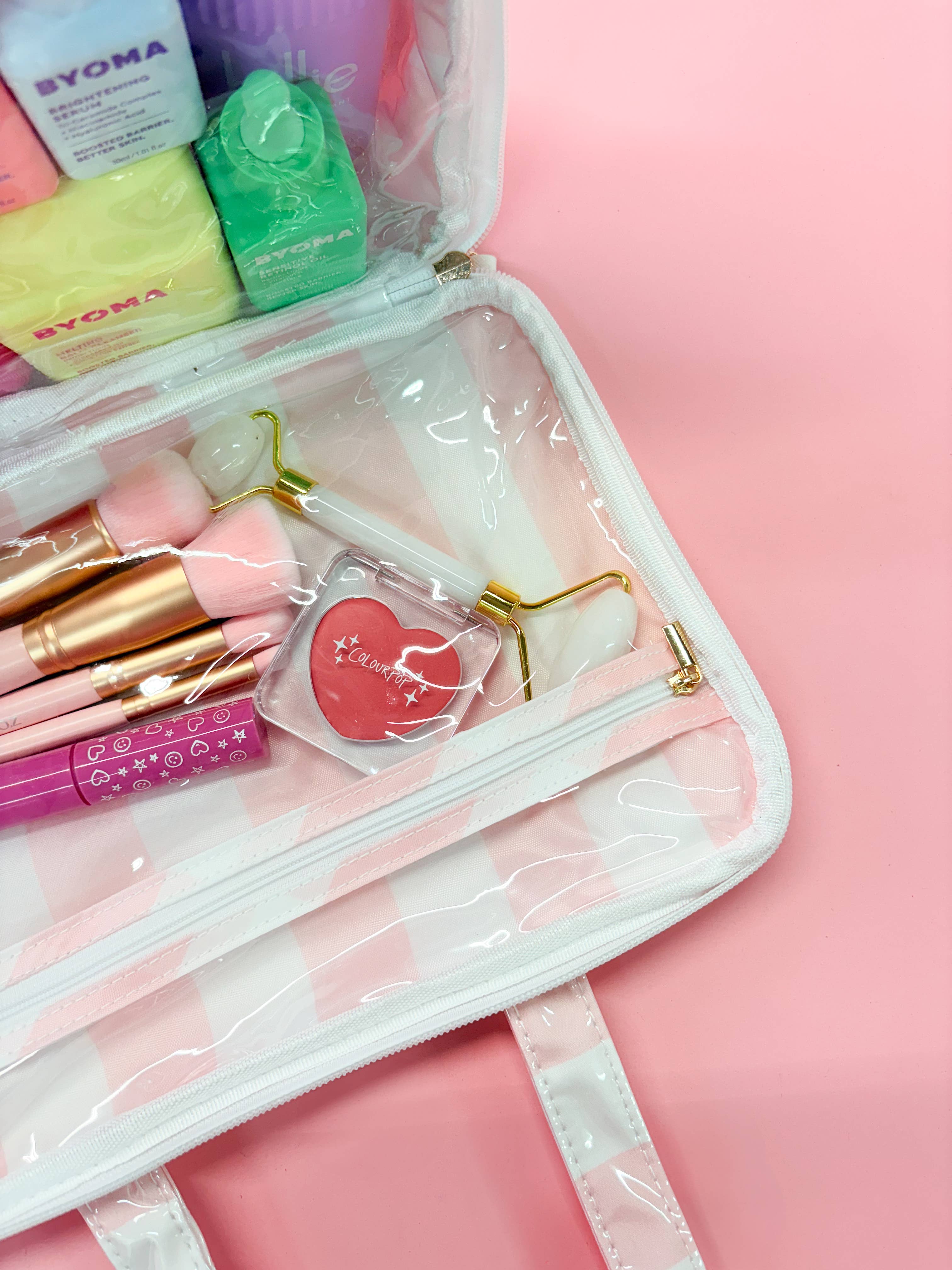 Pink & Green Stripe Wipeable Travel Cosmetic Case