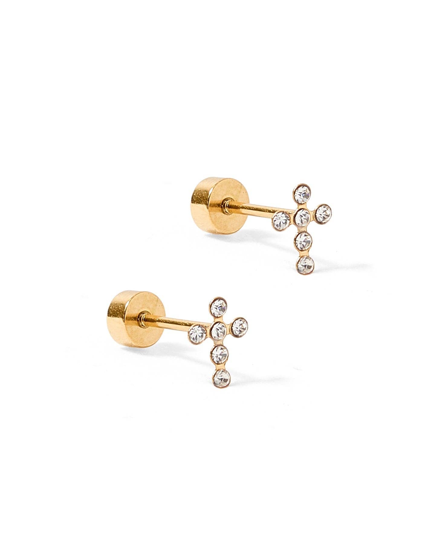 Gold Sparkle Clara Cross Screwback Stud Earrings