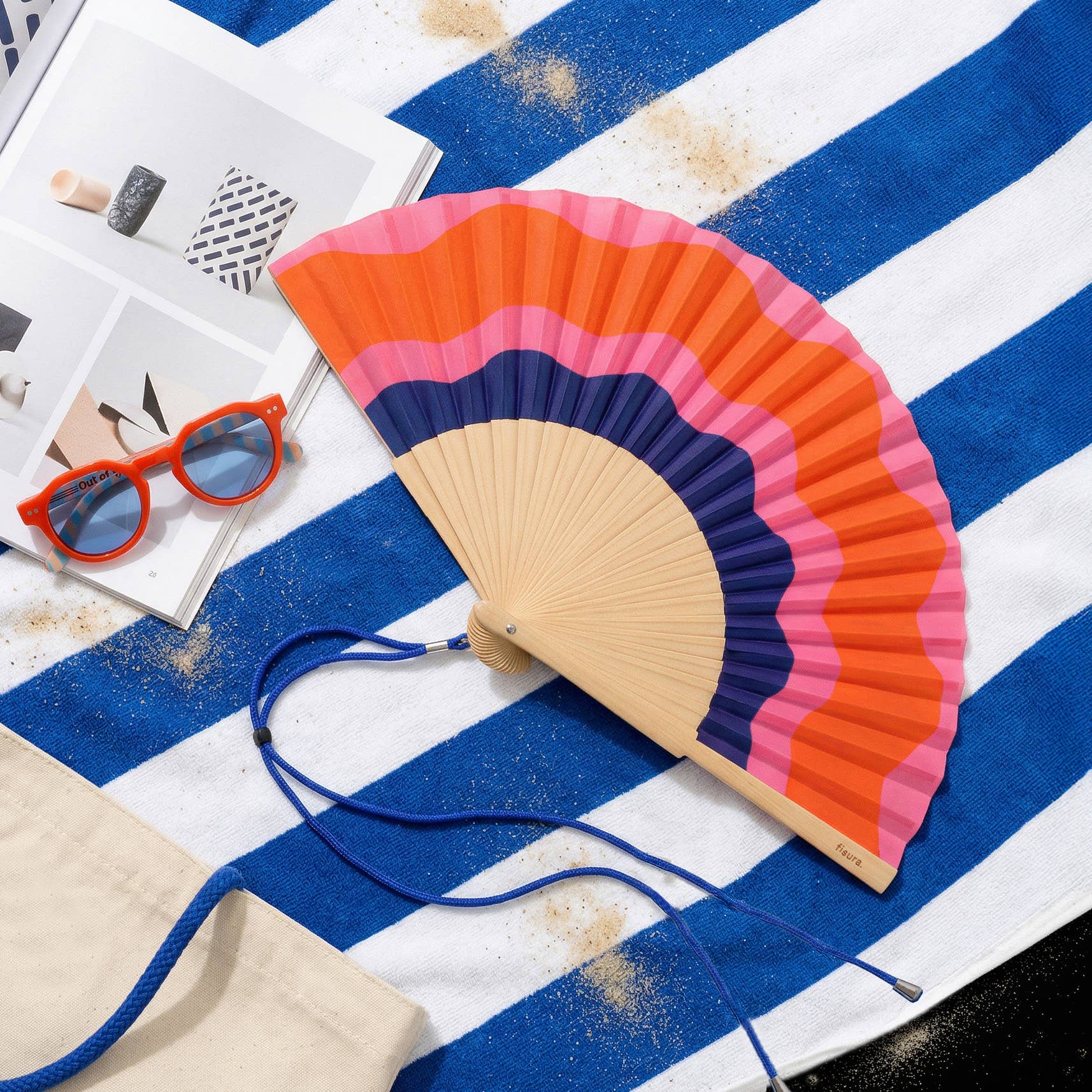 Red, Pink and Blue Waves Hand Fan