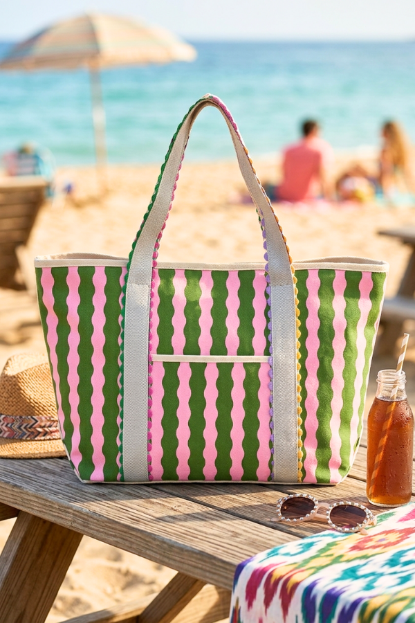 Green & Pink Striped Canvas Tote