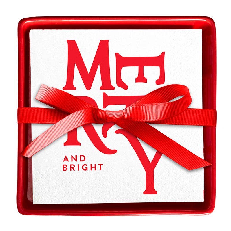 Merry + Bright Ceramic Tray + Napkin Gift Set
