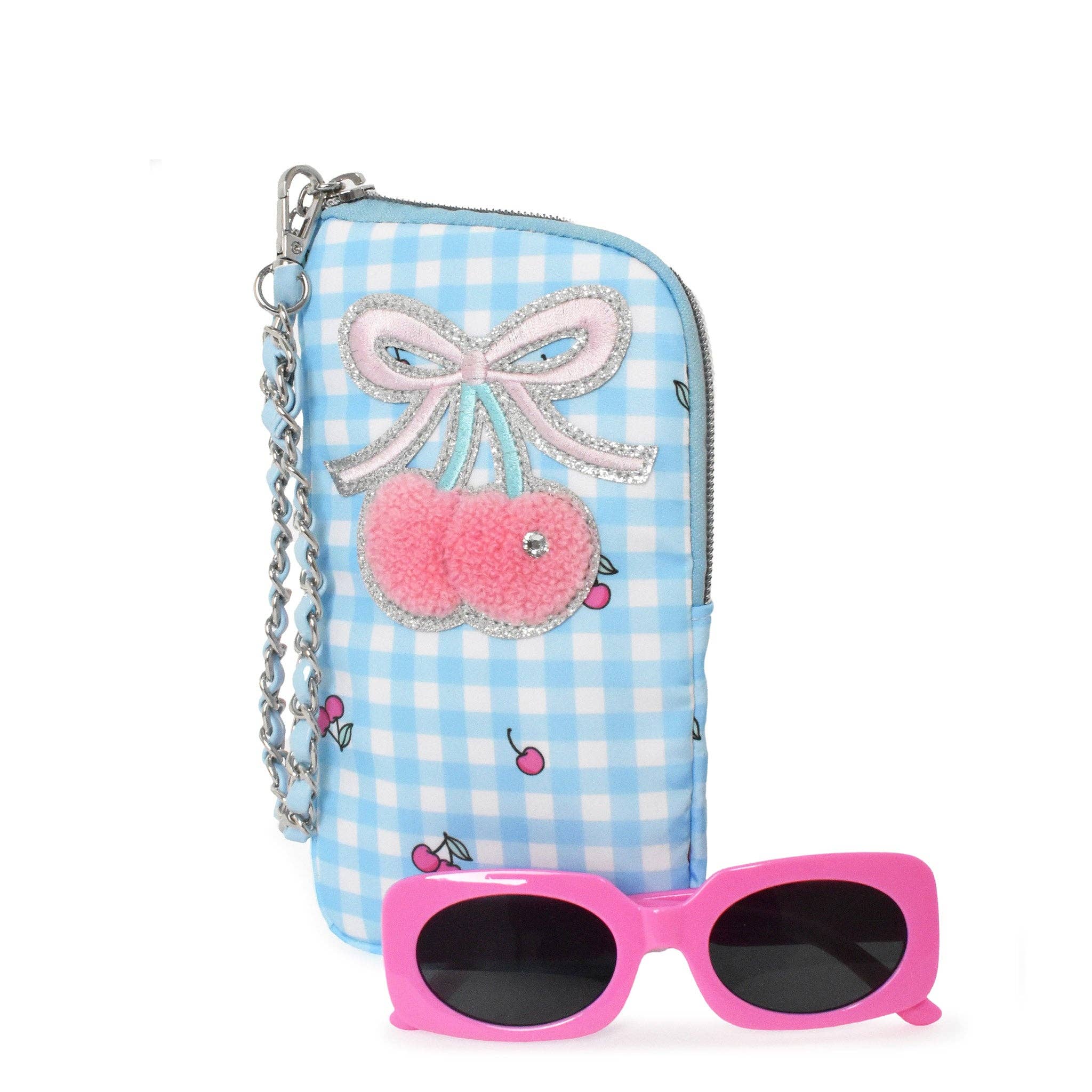 Blue Checked Cherry Wristlet Case and Sunglasses Set