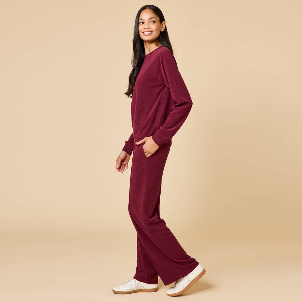 Cherry Cola Vintage Velvet Raglan Crew Neck with Pintuck Wide Leg Pant