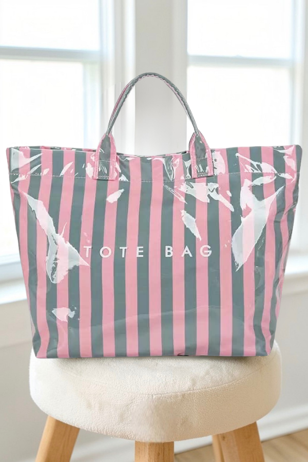 Pink and Gray Striped Wipeable Tote