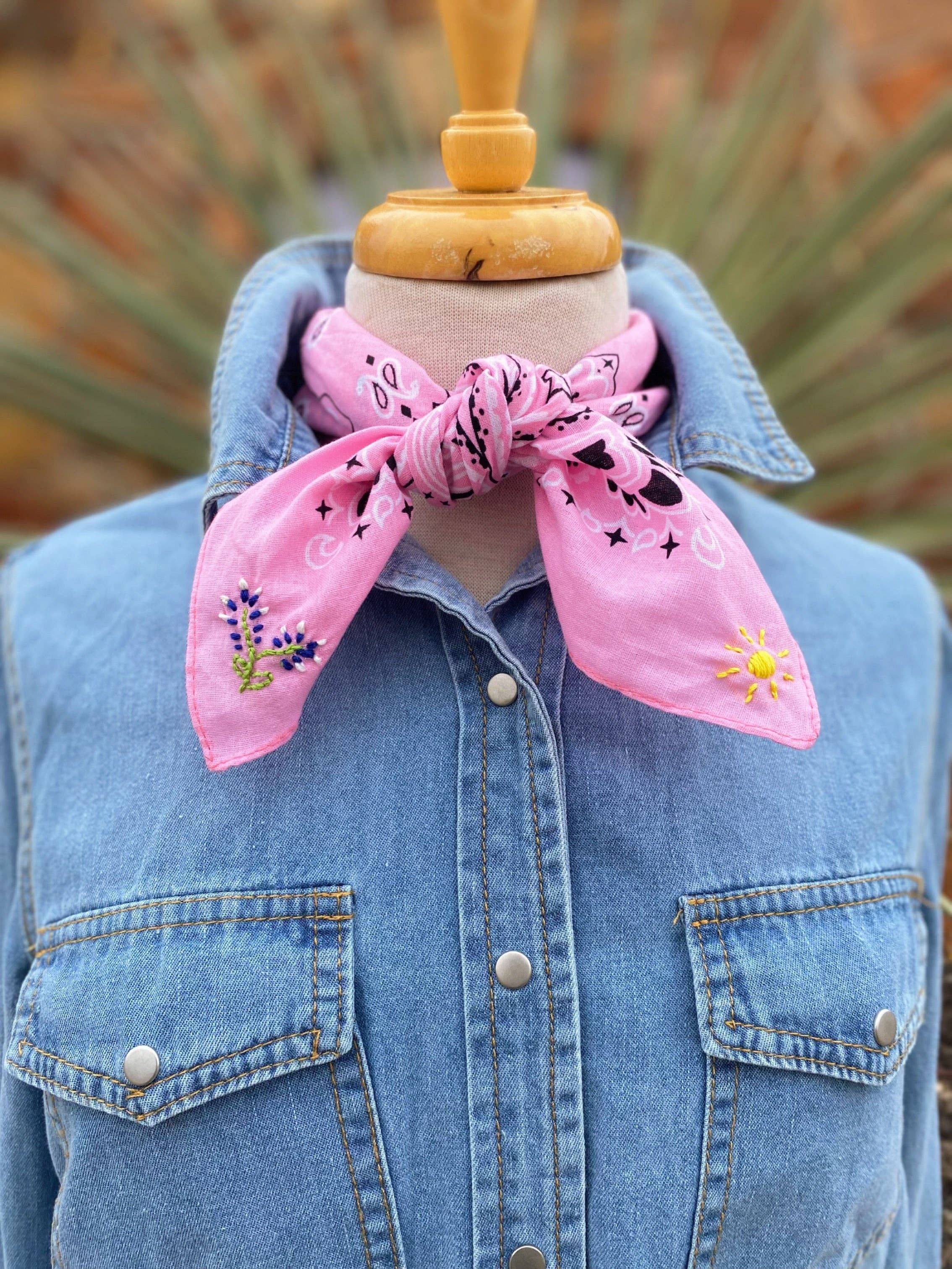 Pink Embroidered Texas Bluebonnet Bandana