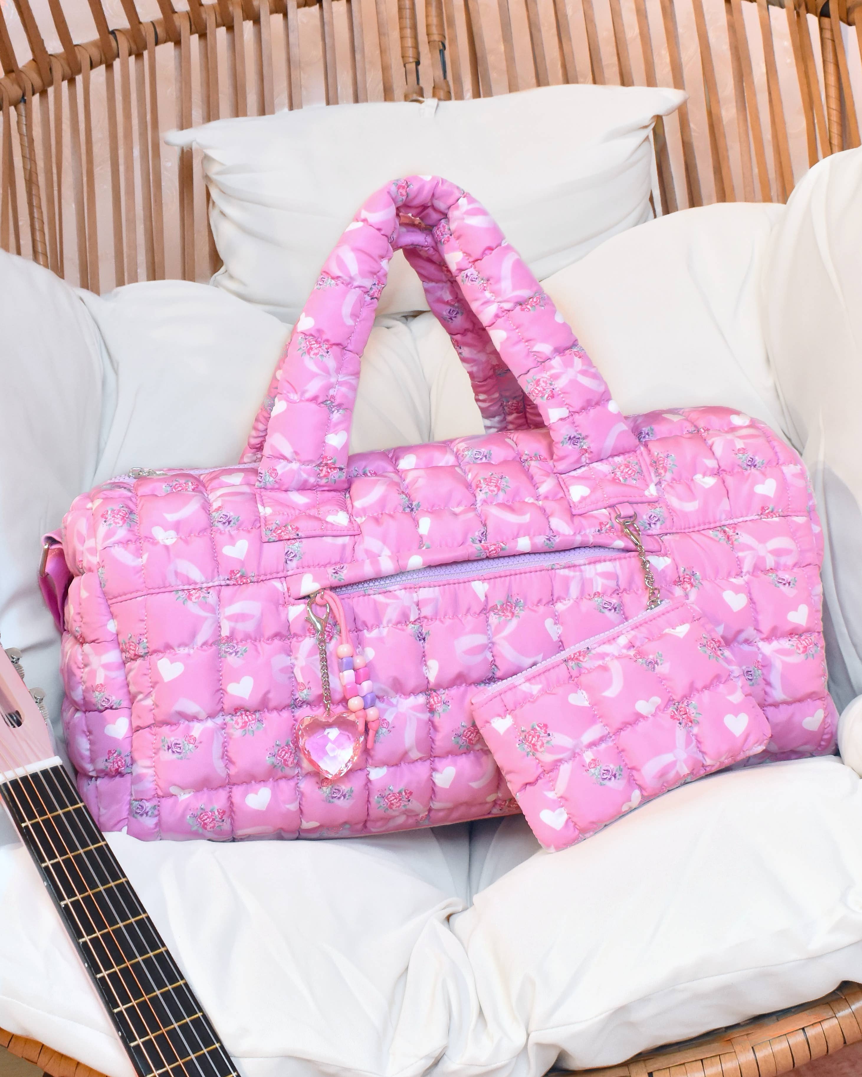 Quilted Floral Bow Duffle Bag
