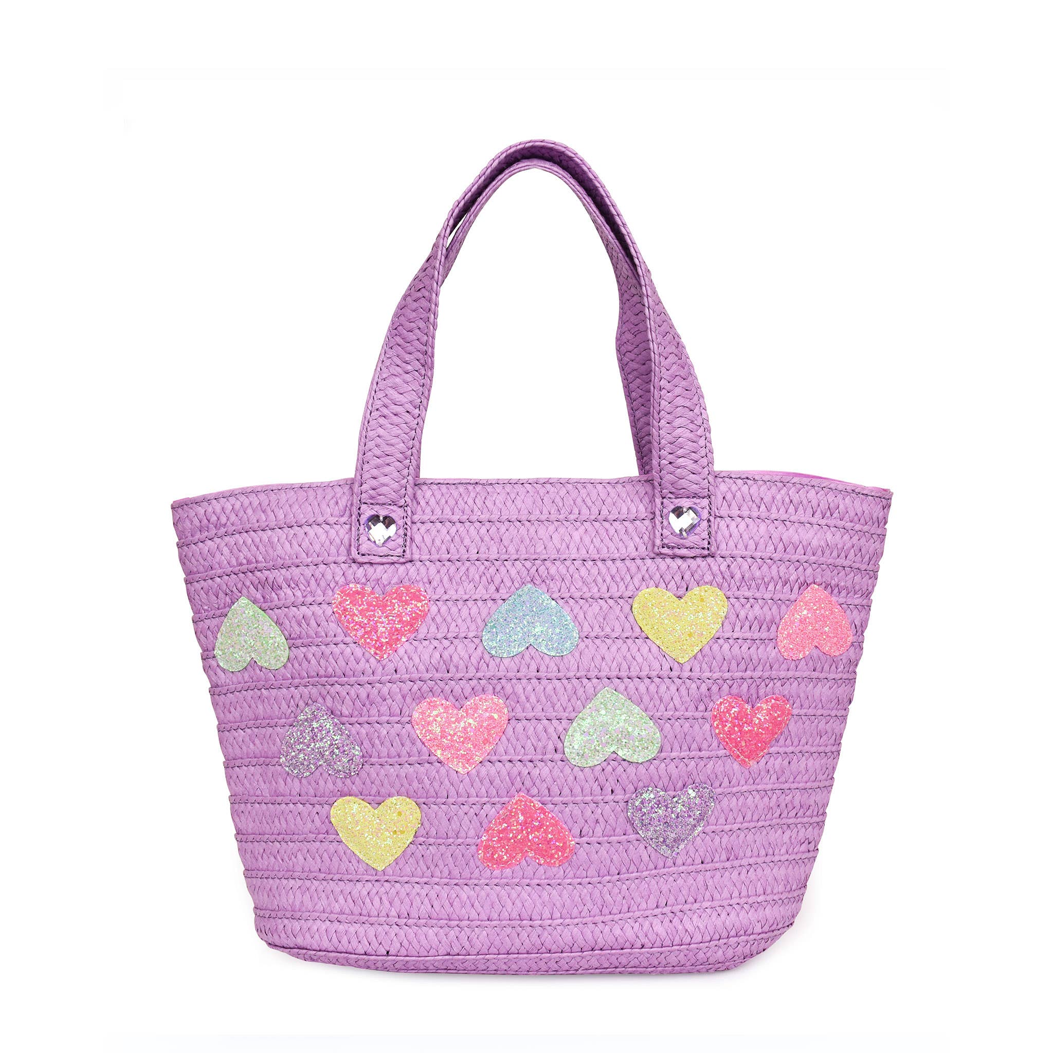 Hearts Purple Straw Tote Bag