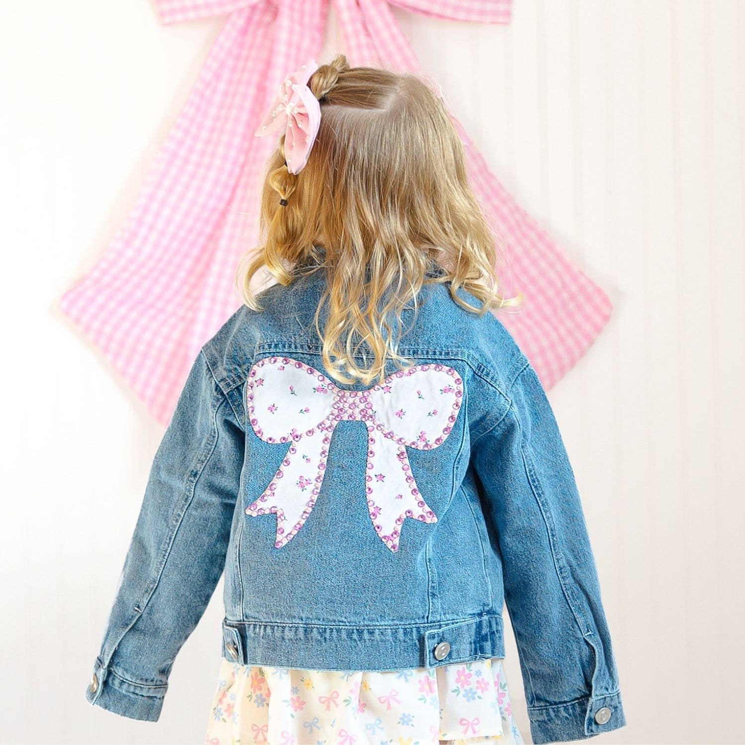 Pearl + Gemstone Floral Bow Patch Denim Jacket
