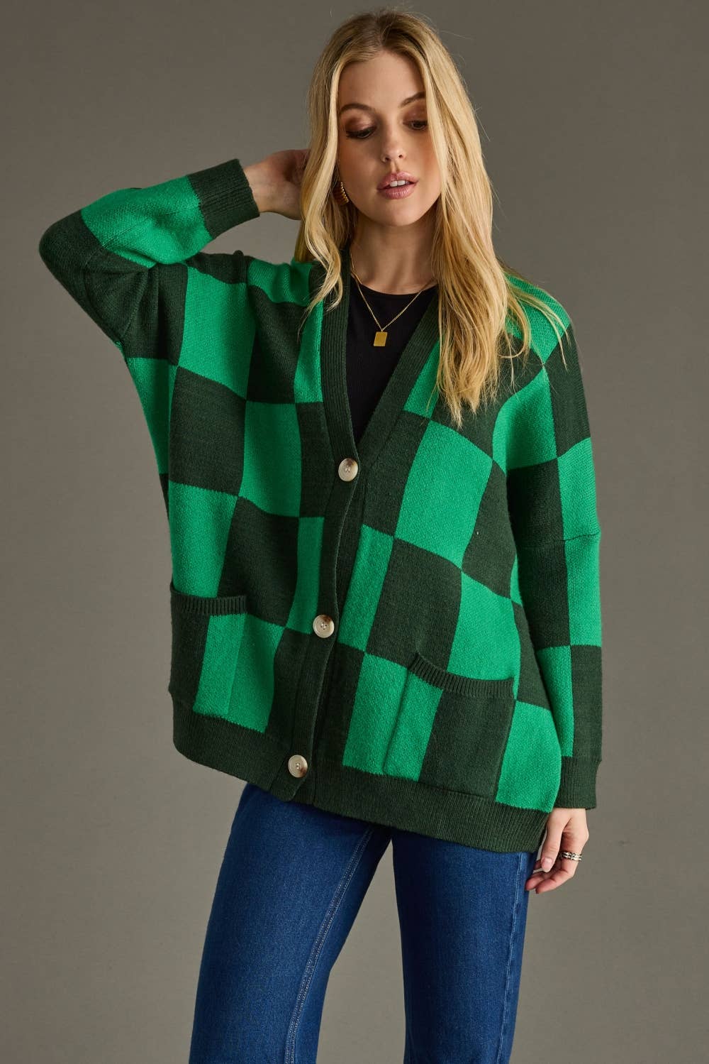 Green Checkered Cardigan