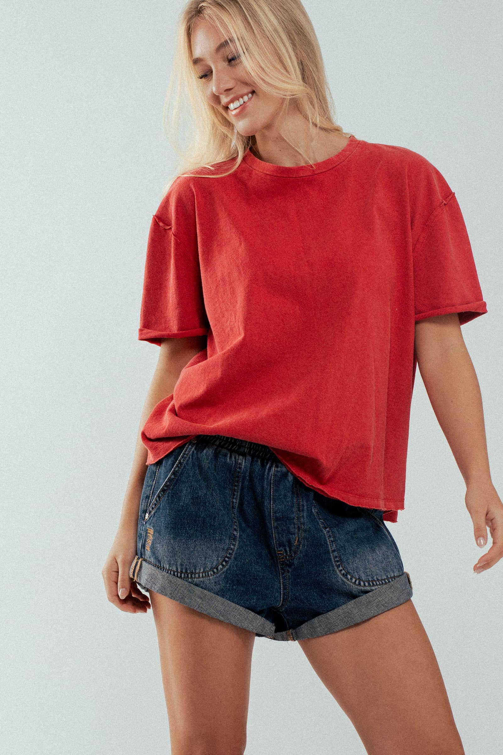 Red Boxy Cotton Crewneck Tee