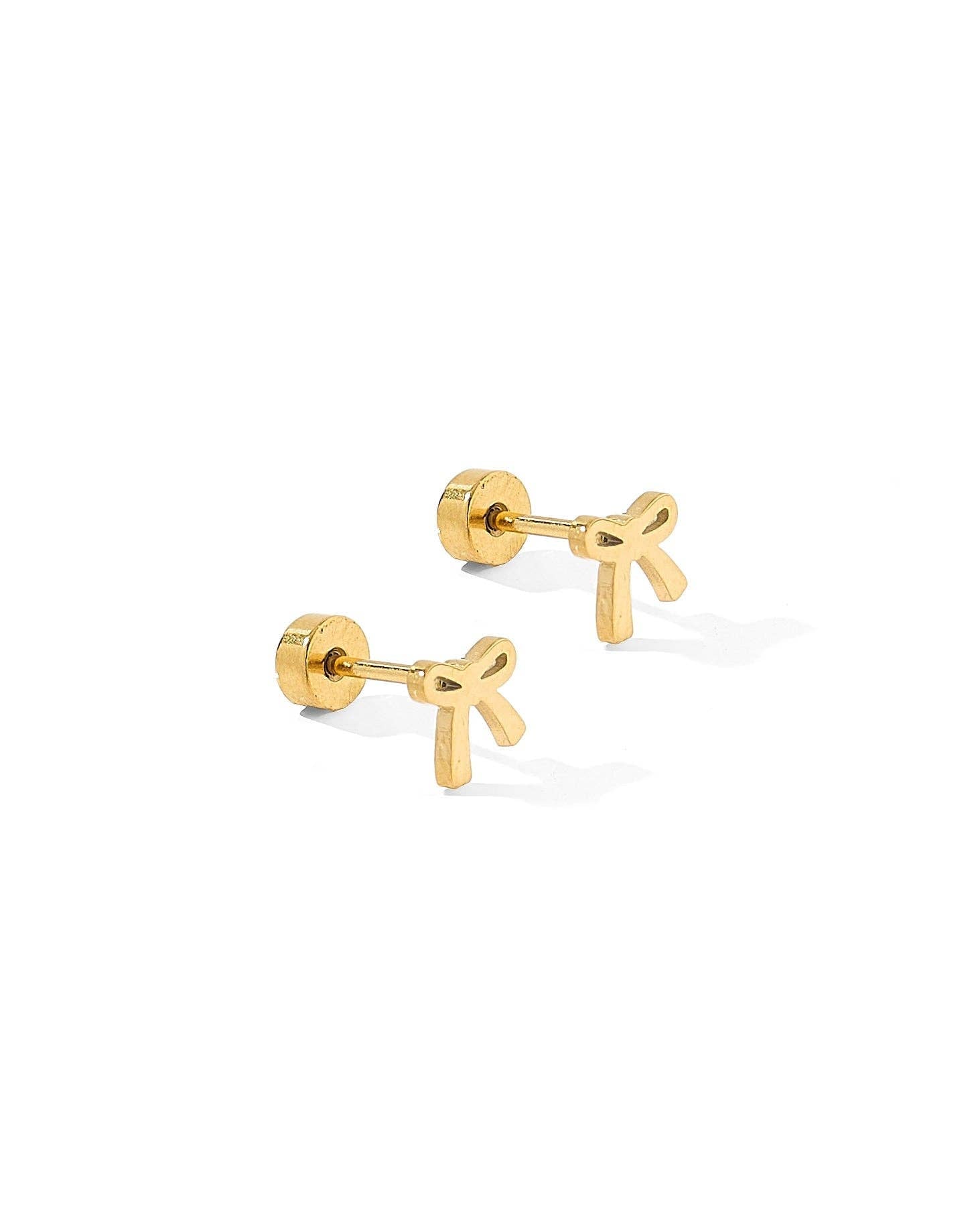 Gold Ruby Bow Screwback Stud Earrings