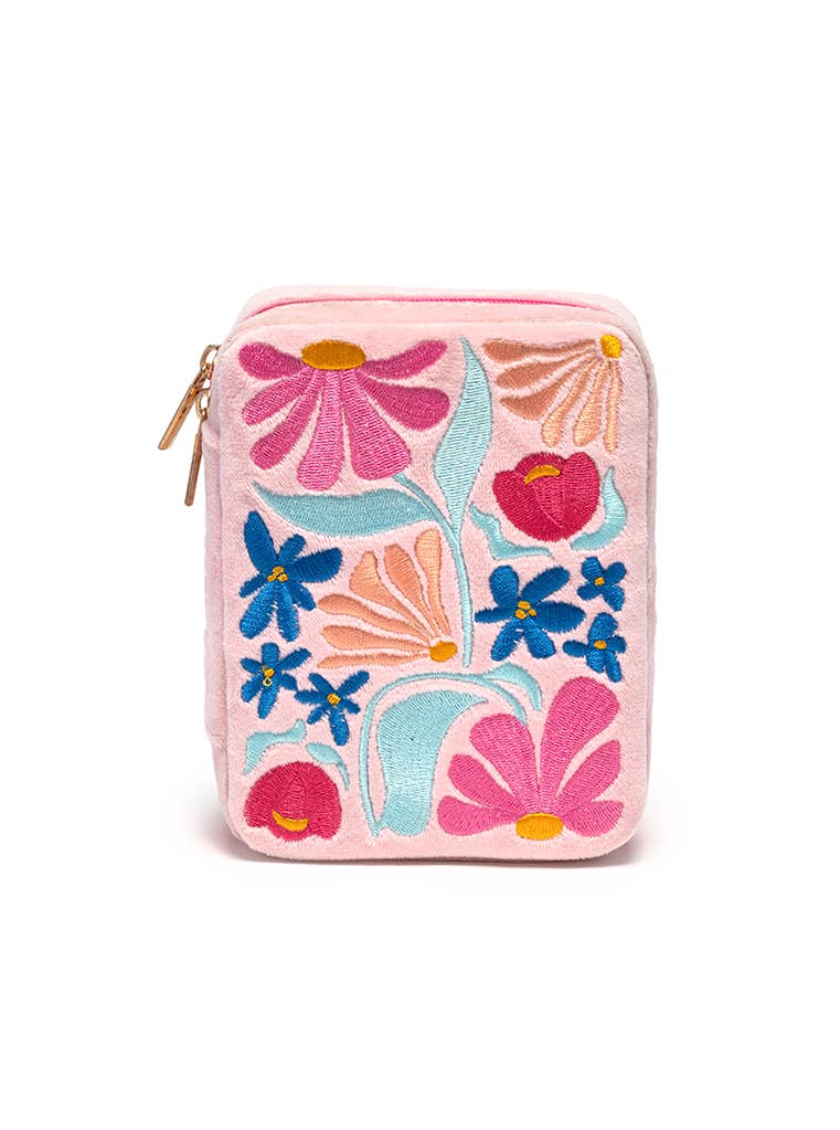 Pink Floral Velvet Jewelry Zip Case