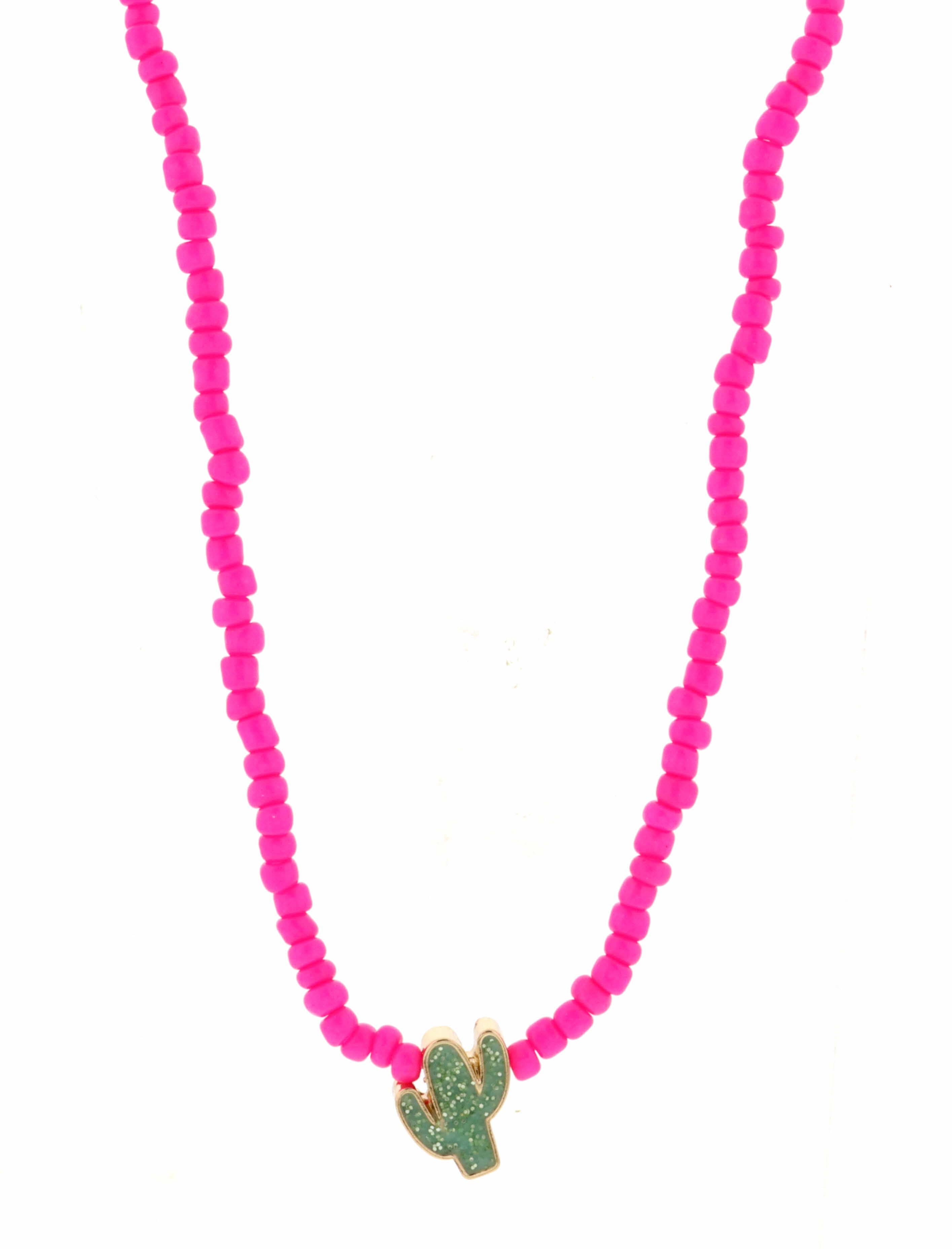 Kids 14" Hot Pink Seed Bead with Glitter Cactus Necklace