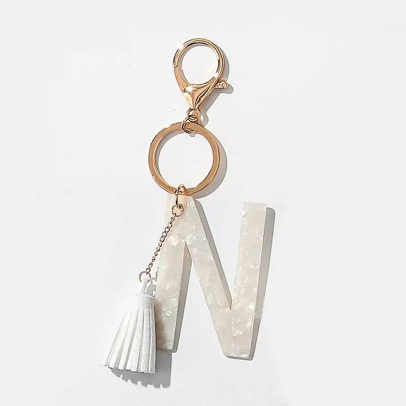 Tasseled White Initial Key Chain