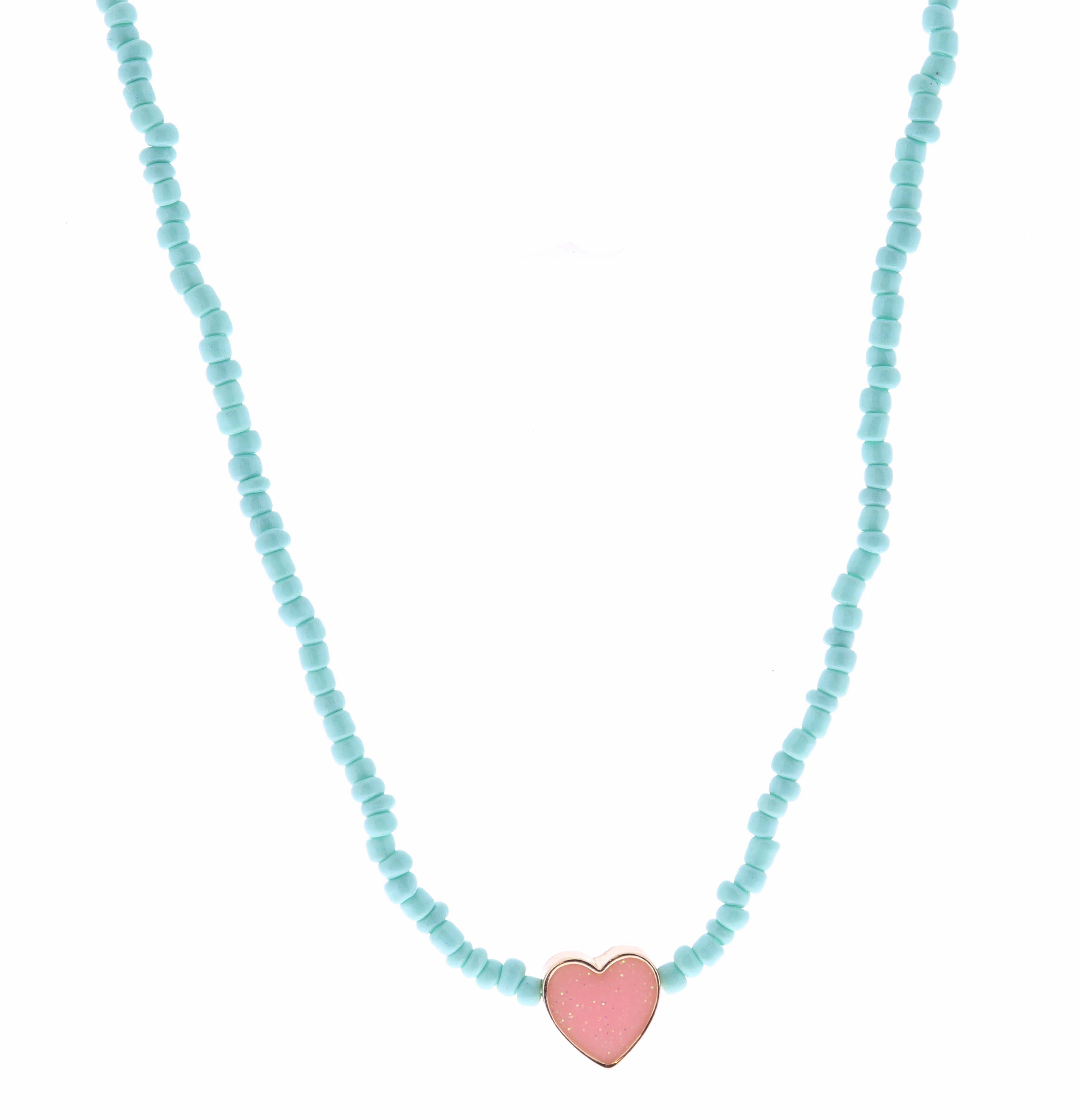 Kids 14" Mint Seed Bead with Heart Necklace, 3" Ext.