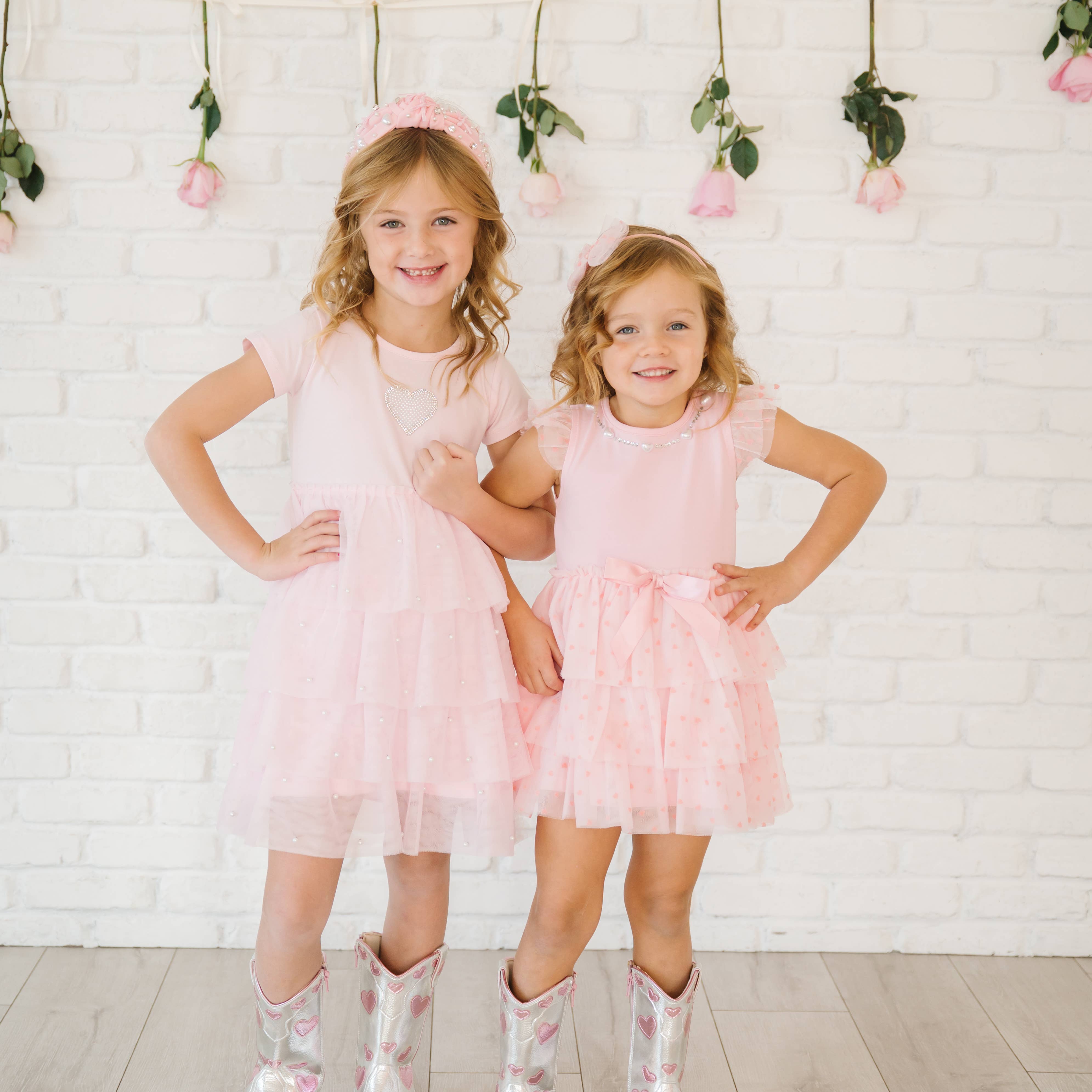 Pearl Heart Tiered Short Sleeve Tutu Dress