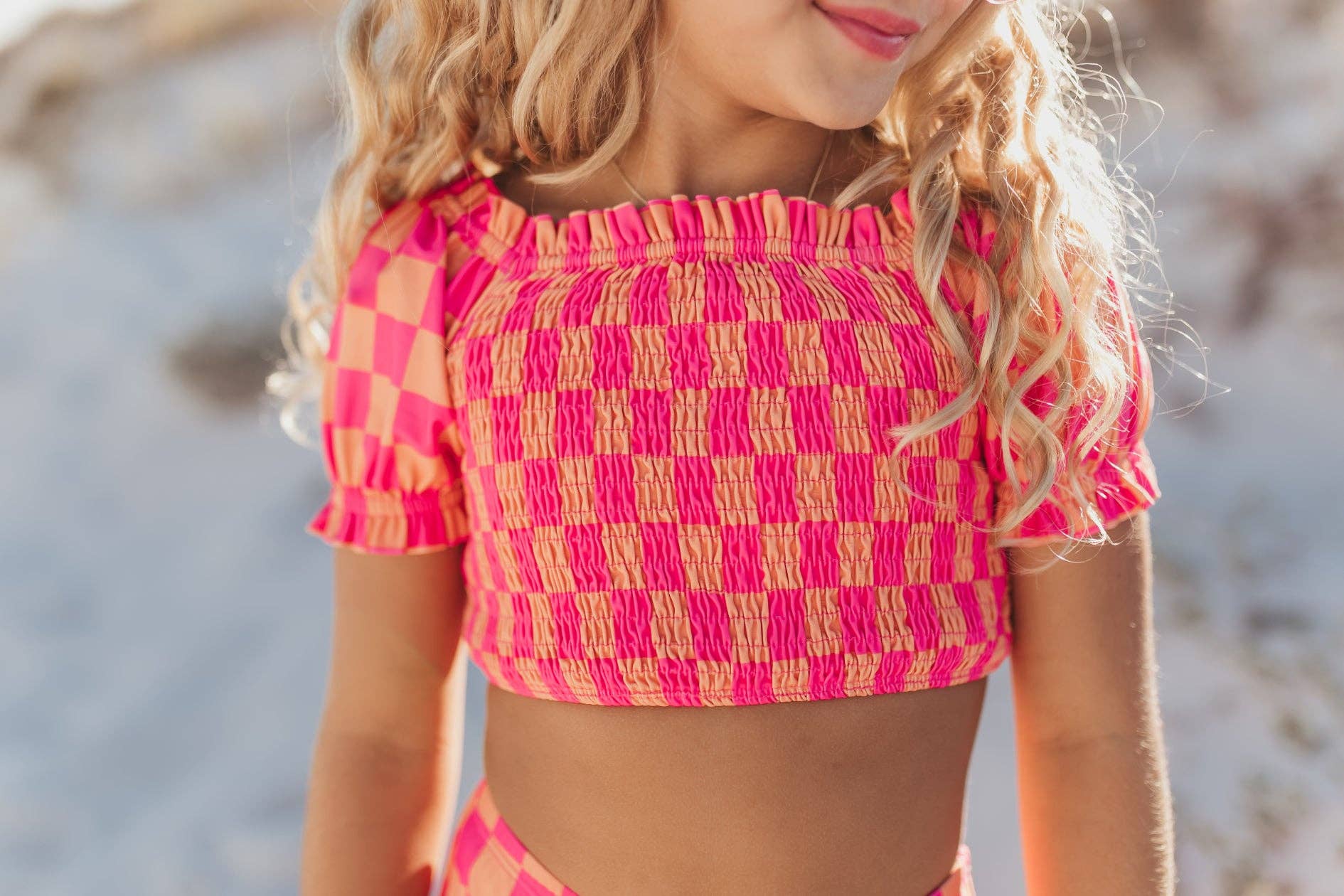Hot Pink & Tangerine Check 2-Piece Swimsuit