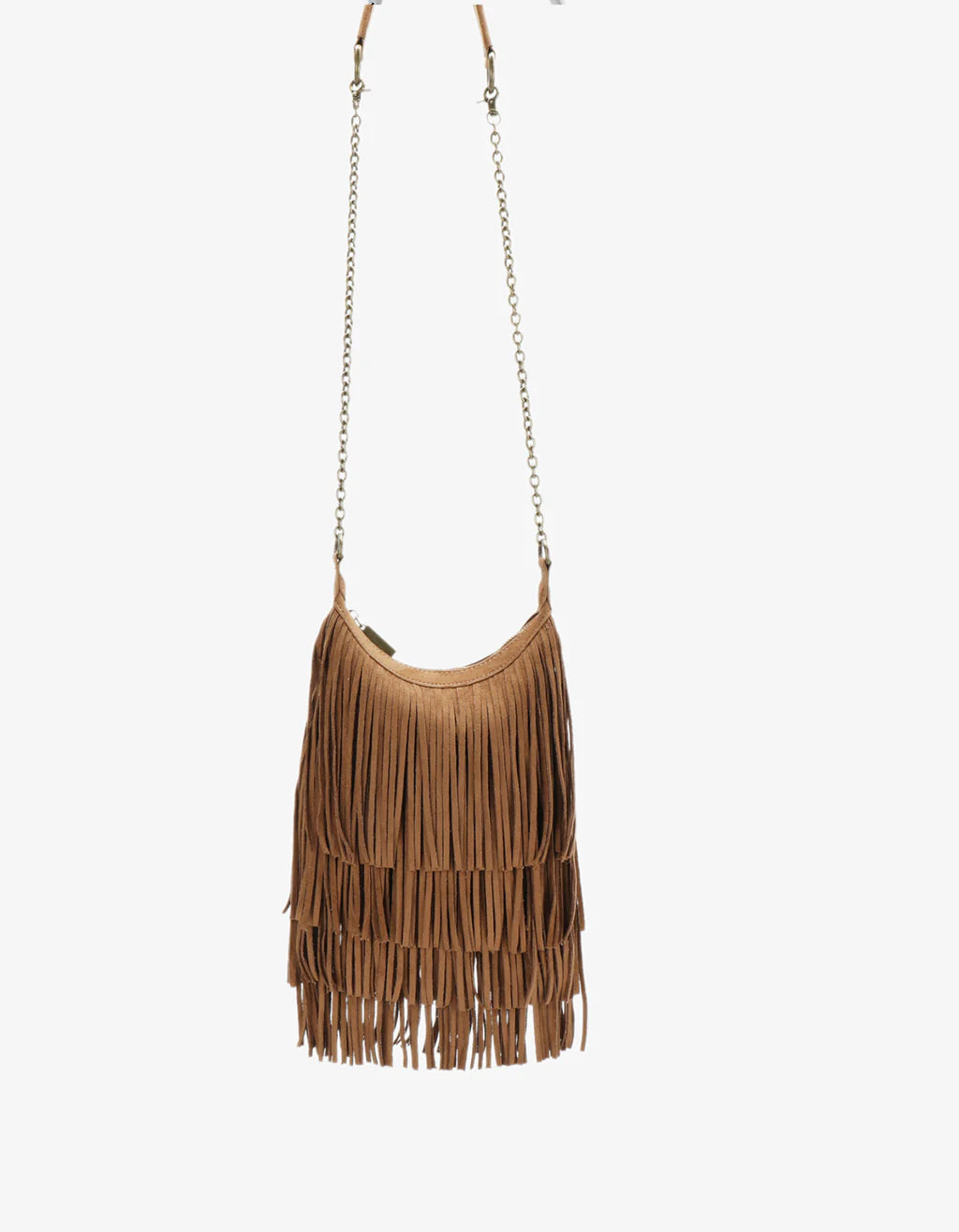 Suede Camel Bochoa Mini Fringe Crossbody