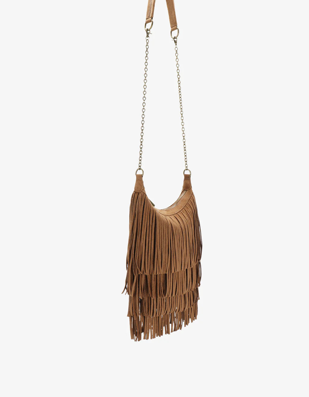 Suede Camel Bochoa Mini Fringe Crossbody