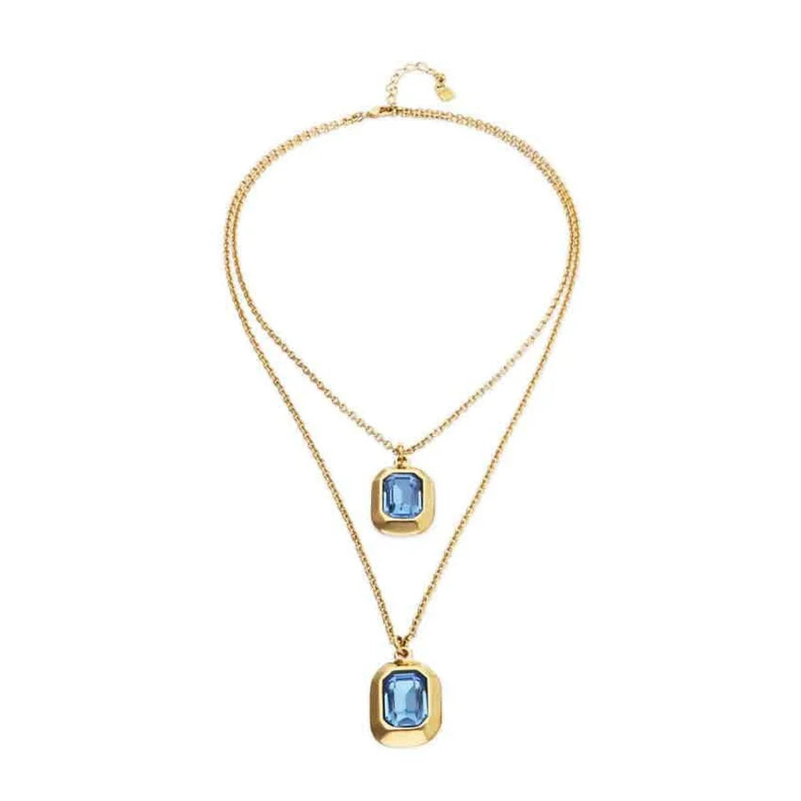 Gold Double Chain Necklace w/Blue Stones