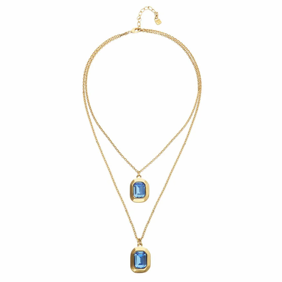 Gold Double Chain Necklace w/Blue Stones