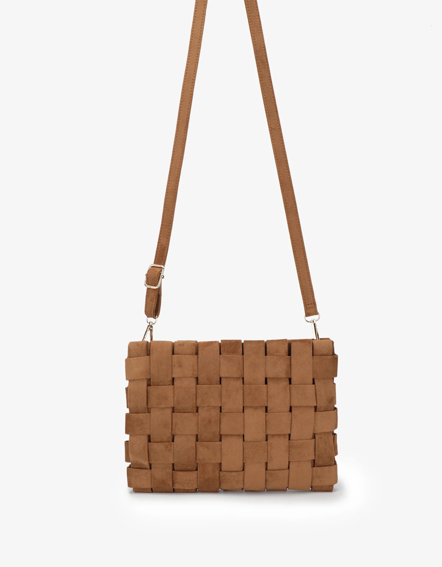 Camel Suede Woven Lindy Clutch