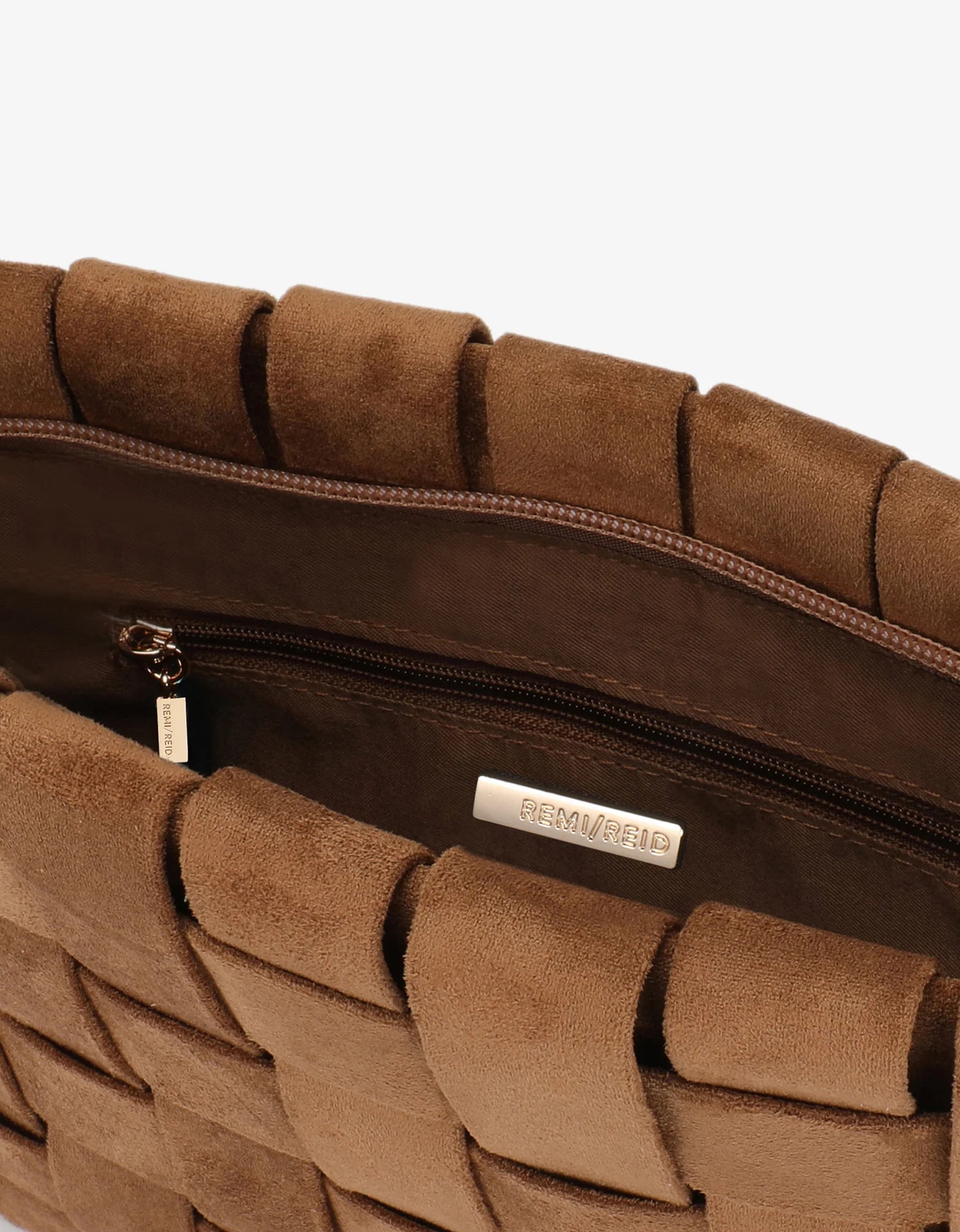 Camel Suede Woven Lindy Clutch