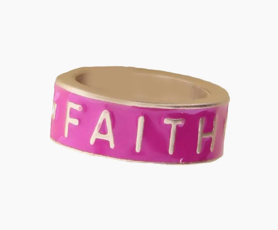 Kids Pink Enamel Ring with "Faith", Crosses & Hearts Ring