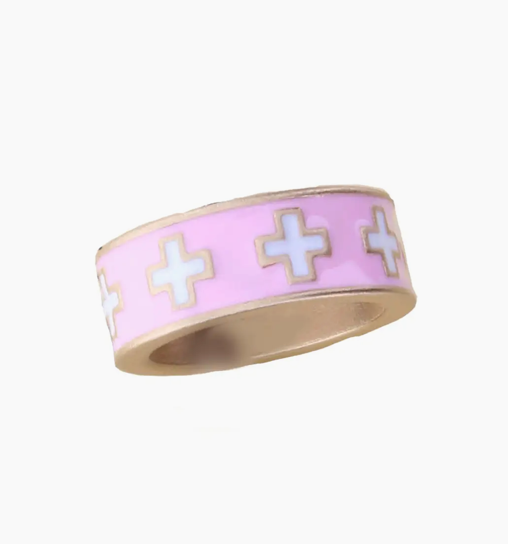 Kids Light Pink Enamel Ring with White Crosses Ring