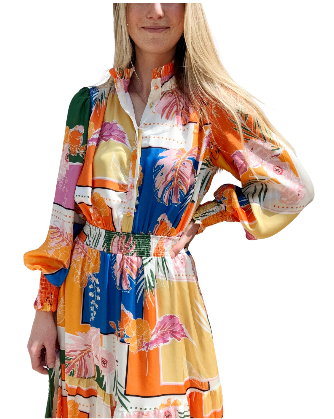 Tropical Leaf Satin Maxi Dress