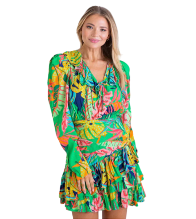 Tropical V-Neck Ruffle Dress