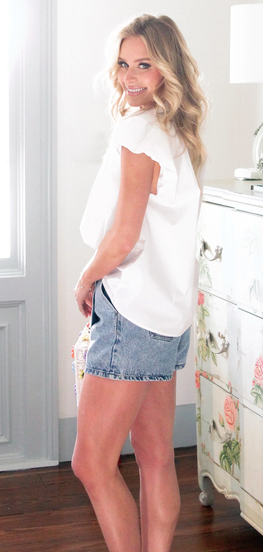 White Stripe Bubble Sleeve Button-Up Top