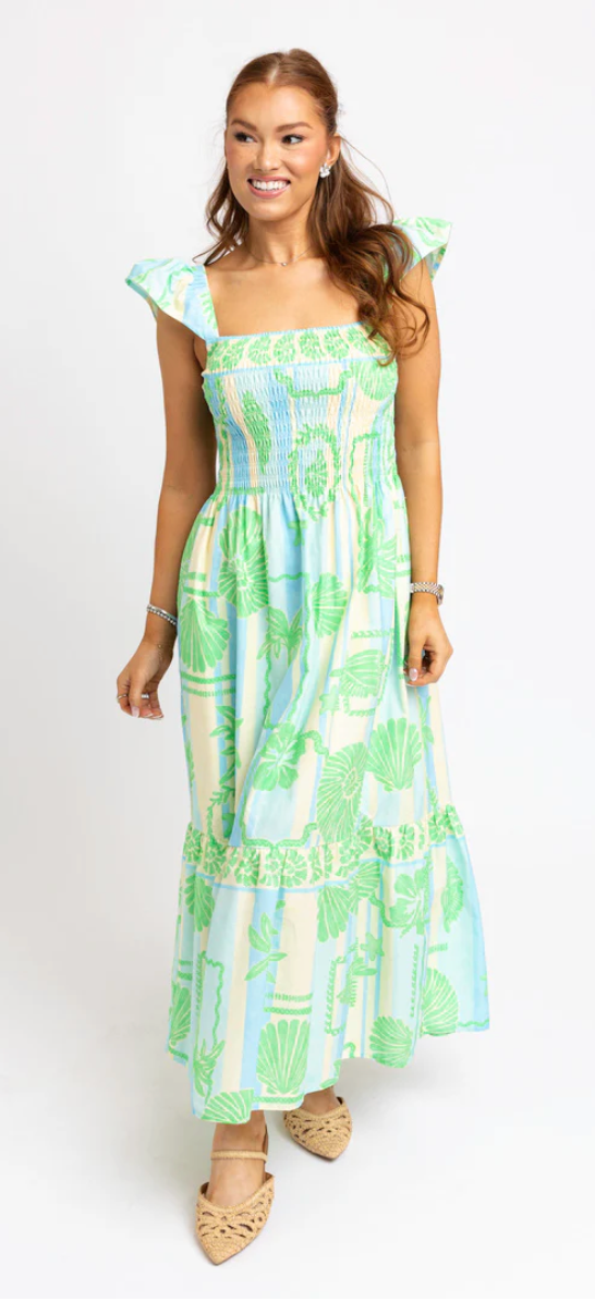 Green Sea Shell Poplin Smock Maxi Dress